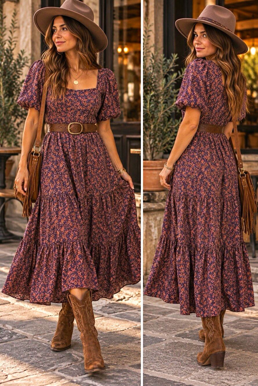 Madewell Purple Brown Floral Square Neck Puff Sleeve with Pockets Midi Dress 6